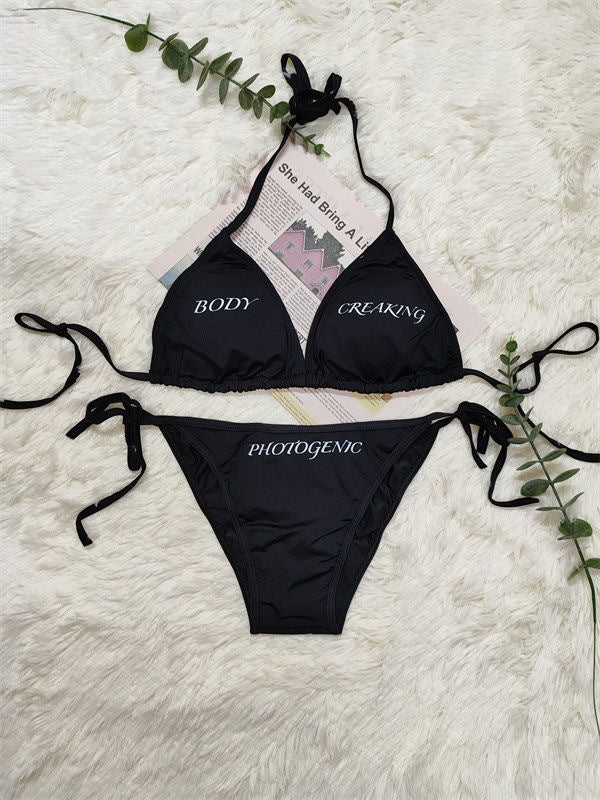 European and American Export Swimsuit Pure Color Bikini Two-Piece Sexy Beach Bikini Female Black Letter Simple Female