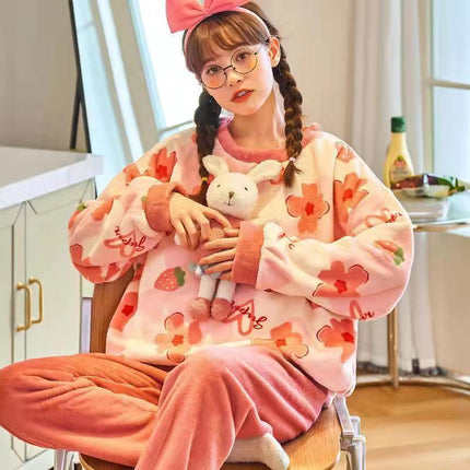 2024 New Autumn and Winter Coral Velvet Cartoon Stripesd Women's Pajamas Thickeneded and Wearable Home Wear Set