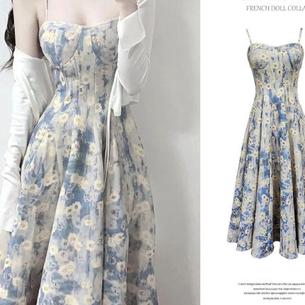 Tea Break French Pure Desire Blue Oil Painting Dress Women's Summer New Fairy Floral Waist Suspender Mid-Length Skirt