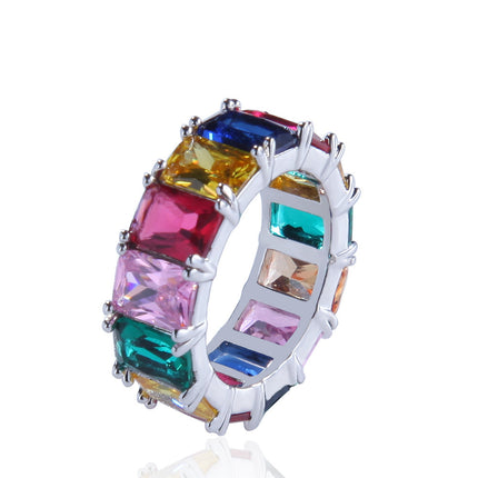 Gu Meng Cross-border Copper Zircon Ring European and American Hip-hop Color Mixed Color Rectangular Zircon Ring for Men and Women