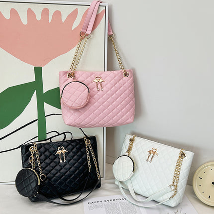 Cross-border Two-piece Fashionable Distinctive Denim Pattern Diamond Pattern Embroidered Tote Large Bag with Mini Change Small Round Bag Trendy