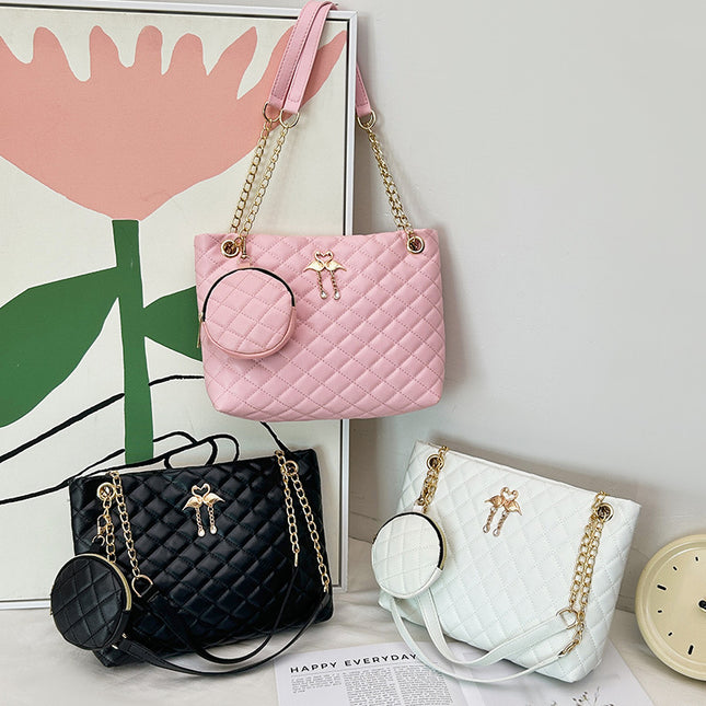 Cross-border Two-piece Fashionable Distinctive Denim Pattern Diamond Pattern Embroidered Tote Large Bag with Mini Change Small Round Bag Trendy