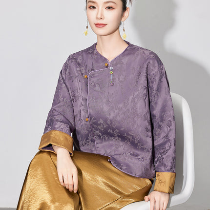 【Zhīhé Táng】New Chinese-Style Jacquard Pendant Jacket for Women, Autumn National Style Round Neck Buttoned Long-Sleeve Top 3969