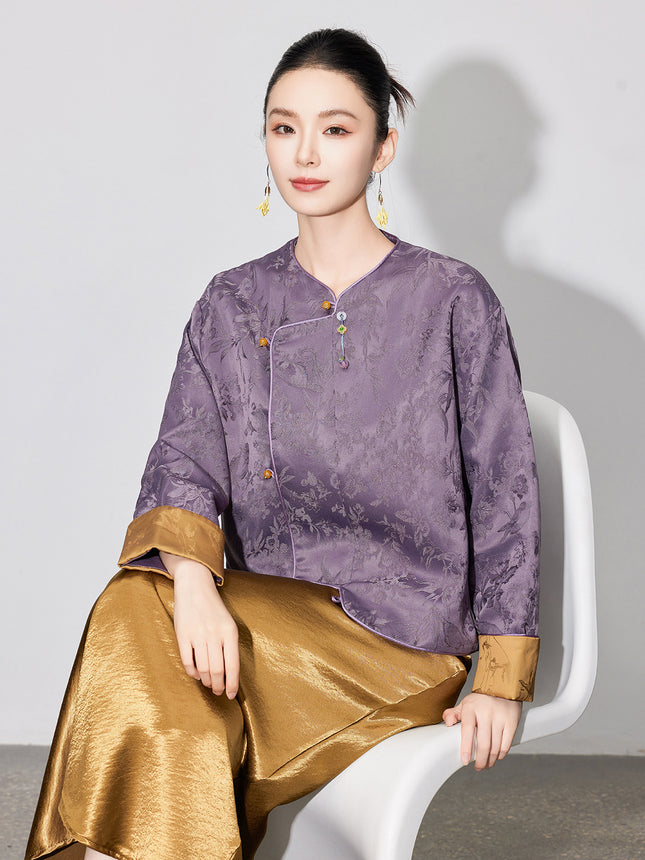 【Zhīhé Táng】New Chinese-Style Jacquard Pendant Jacket for Women, Autumn National Style Round Neck Buttoned Long-Sleeve Top 3969