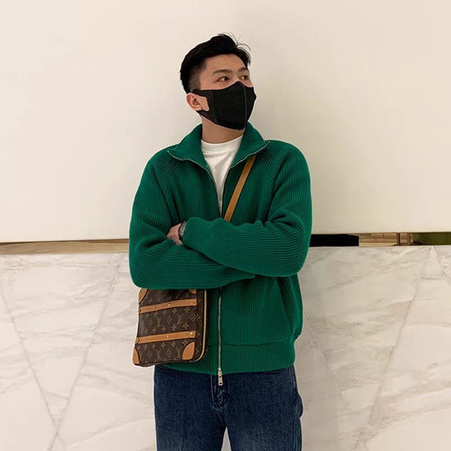 American Style High Street Loose Green Fashionable Zipper Collar Jacket Men's New Spring Knitted Sweater