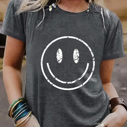Amazon European and American summer women's smiling face pattern round neck short sleeve casual fashion T-shirt foreign trade women's explosive