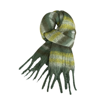 Retro Green Stripesd Scarf for Women Winter 2025 New Korean Style Circle Yarn Scarf Thickeneded Warm Student Shawl