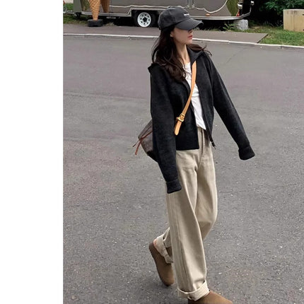 khaki Straight Leg Jeans Women's Trendy All-match New Arrival Loose High Waist Slimming Narrow Version Dosing Wide Leg Long Pants
