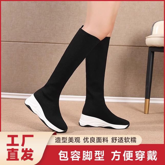 Over-The-Knee Long Boots 2025 Winter New Elastic Sock Boots Fleece-Lined to Heattech, Slimming Look and Heightening Leather Boots Manufacturer Wholesale