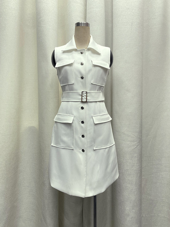 The Story of Rose Guan Zhizhi Blue Yingying Same Style White dress Multi-pocket Belt Waist Sleeveless Skirt Summer