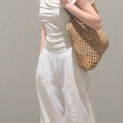 Oakmo/ "Season of Love" Pure Desire Slanted Shoulder Design Swing Collar Tencel Knitted Top T-Shirt