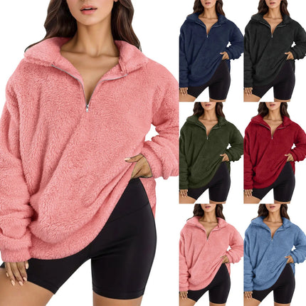 Cross-border AliExpress autumn and winter wish2023 European and American new plush fleece-lined women's stand collar sweater casual