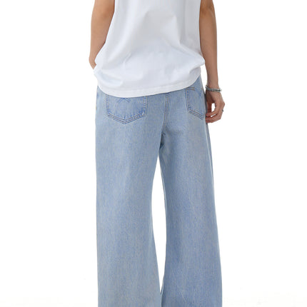 11Kn American Retro Washed Jeans for Men and Women, Loose Straight Wide-Leg Pants, Slimming Trendy Light Blue Casual Long Pants
