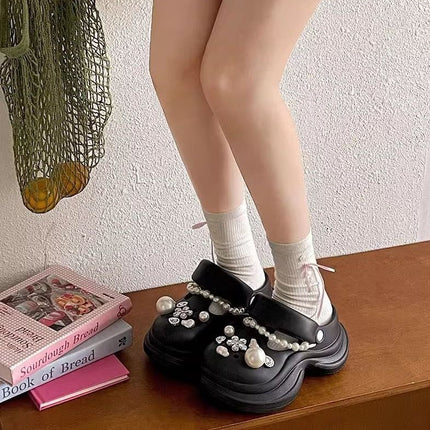 2026 Summer Women's Clogs with Water Pearl Necklace, Non-Slip Closed-Toe Eva Slippers with Height Increase and Stylish Appearance