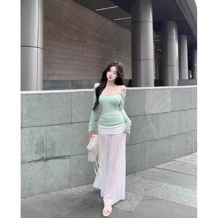 Pure Green Shoulder Long-sleeved T-shirt Women's Spring Thin Slim-fit Blouse Top Stacked with Sling Two-piece Set