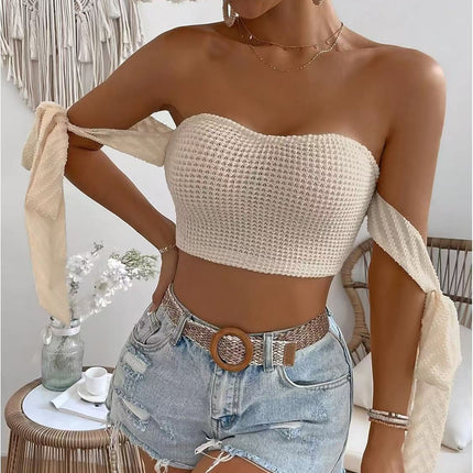 European and American Navel-Baring Tube Top, One-Piece Ribbon Wrap Top, Hot Girl Short Tube Top, Can Be Worn Outside, Fashionable and Sexy