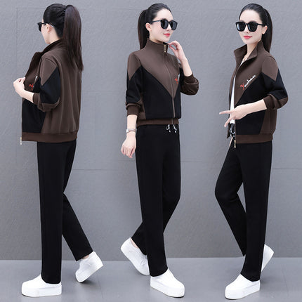 High Cotton Color-Block Two-Piece Fashion Casual Sports Suit for Women, Spring and Autumn, Middle-Aged Mom, Stand Collar Cardigan and Color-Block Sweatpants