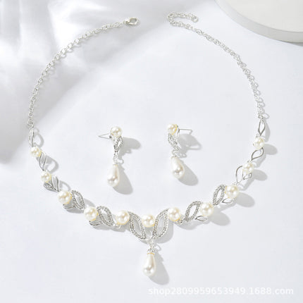 Cross Border Hot Sale Fashion OL Pearl Necklace Earrings suit Women Fashion Alloy Drop Shape Bridal Dress Accessories 24