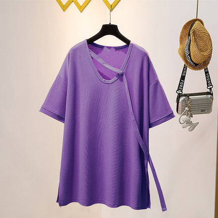 Niche Design Sense Mid-length Short-sleeved T-shirt 2024 Summer chubby girl plus size Women's Loose Slimming All-match Solid Color Top