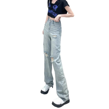 2024 New High Waist Slimming Straight Ripped Jeans Women's Summer Thin plus size Small Wide Leg Trendy Pants