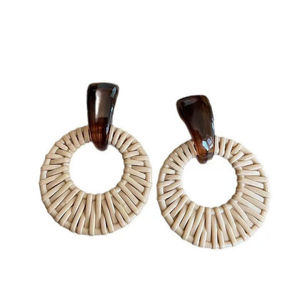 Wooden Rattan Straw Earrings for Women 2025 New Bohemian Holiday Style Earrings Exaggerated Face-Showing Small Earrings Earrings