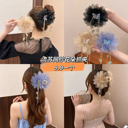 Spring and Summer New Style Versatile Hair Clip with Tassels, Flower Bow, and Mesh Flower Decoration