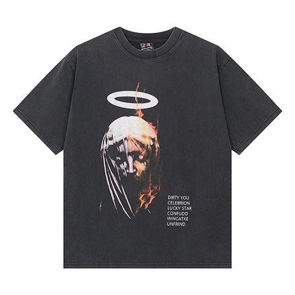 Saint Michael Cho Big Face European and American Retro Washed and Distressed Commemorative Portrait Short-Sleeved T-Shirt Trendy