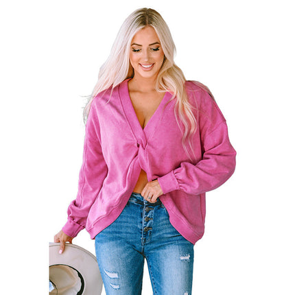 Trendy European and American Style Women's Sweatshirt, Brushed Autumn New Long-Sleeve Simple Ribbed Cuffs Loose Solid Color Women's Top
