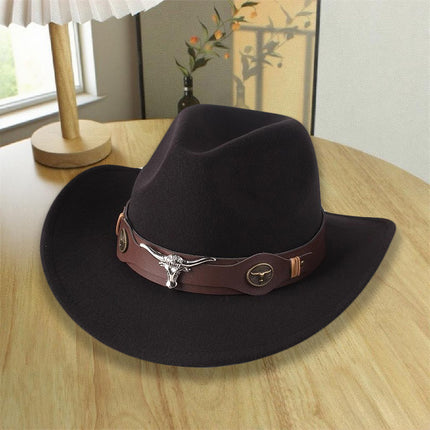 2026 New Style Western Cowboy Hat Ethnic Style Bull Logo Rolled Brim Vintage Riding Hat Large Brim Wool Felt Hat Trendy