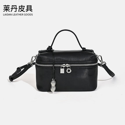 Light Luxury First-Layer Cowhide Lunch Box Bag, Satchel Vegetable Tanned Leather Box Bag, Niche High-End One-Shoulder Cross-Body Lunch Bag