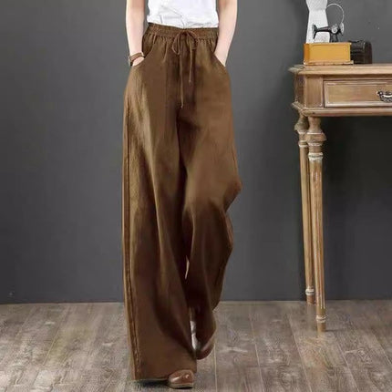 2024 Spring/Summer Literary Cotton and Linen Feel Women's Loose Plus Size Wide-Leg High-Waisted Floor-Length Pants