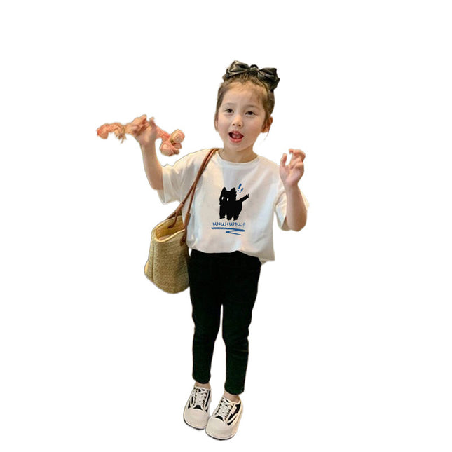 Cotton Girls Korean Style Foreign Style Cartoon Short-Sleeved T-Shirt Summer New All-Match Round Neck Casual Top Trendy
