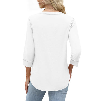 European and American Cross-Border Amazon Women's Plus Size Loose V-Neck Button Three-Quarter Sleeve T-Shirt Women's New Knitted Women's Clothing