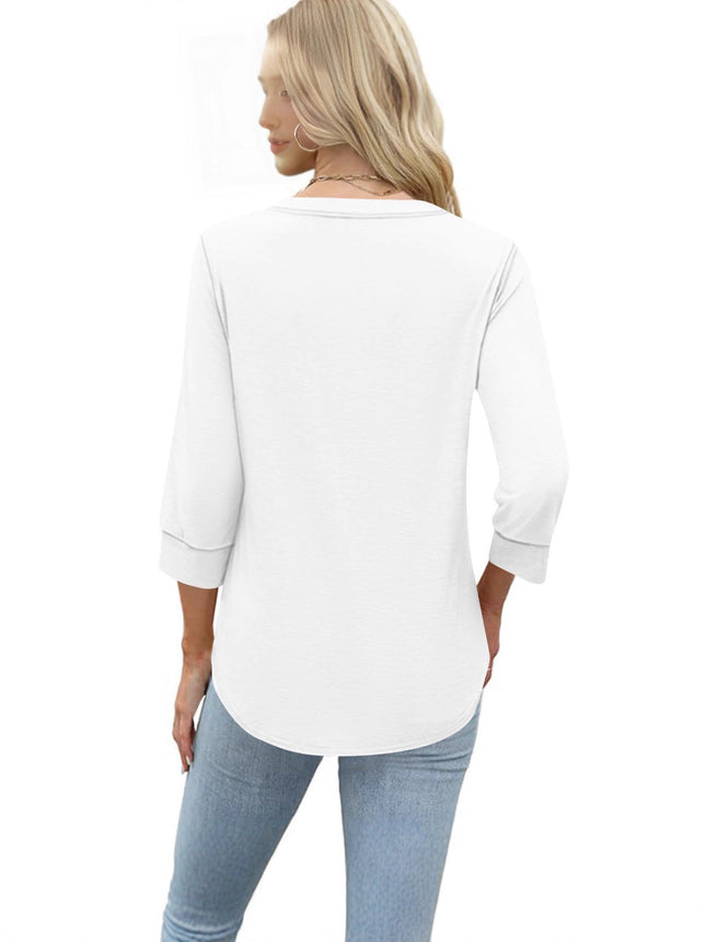 European and American Cross-Border Amazon Women's Plus Size Loose V-Neck Button Three-Quarter Sleeve T-Shirt Women's New Knitted Women's Clothing