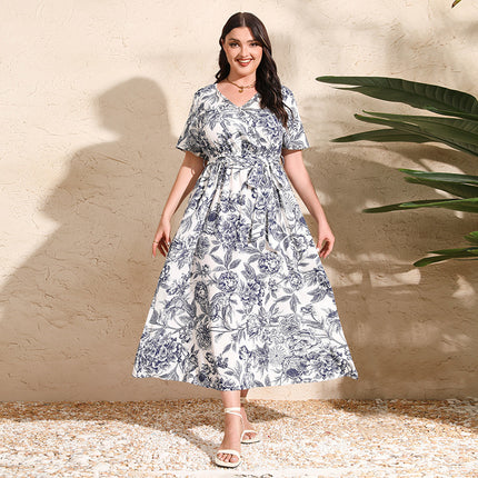 2025 Cross-border New French Elegant Elegant plus size dress Line-drawing Floral V-neck Short-sleeved Waisted Long Dress