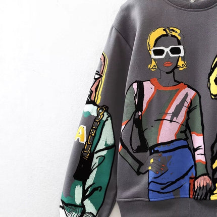 2023 Autumn and Winter Women's Warm Fleece-Lined Hoodless Round Neck Loose Printed Sweatshirt with 3D Printing
