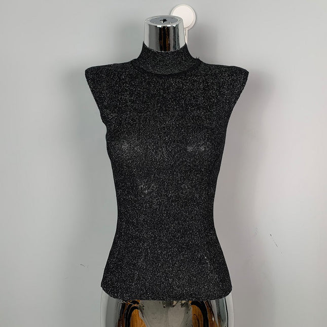 South Korea Dongdaemun Elegant Elegant Sexy Figure Half High Neck Slim-fit Slimming All-match Sleeveless Knitted Top for Women