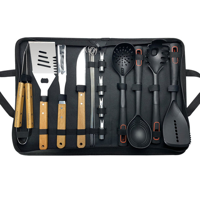 Outdoor camping stainless steel barbecue tools knife and fork suit nylon kitchenware spoon shovel cloth gift box wholesale
