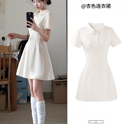 White Polo Dress for Women 2026, Shoulder-Length White Dress, Stunning Summer Dress for Petite Figures, Waist-Cinching A-Line Short Dress