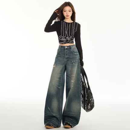 American Design Ripped Jeans for Women 2025 Summer Straight Pants High Waist Slim Floor-Length Wide Leg Long Pants