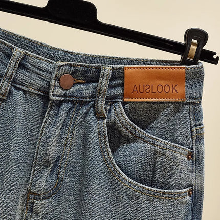 plus size Retro Straight Leg Jeans Women's Trendy All-match Bamboo Pattern Design High Waist Loose Slimming Wide Leg Pants