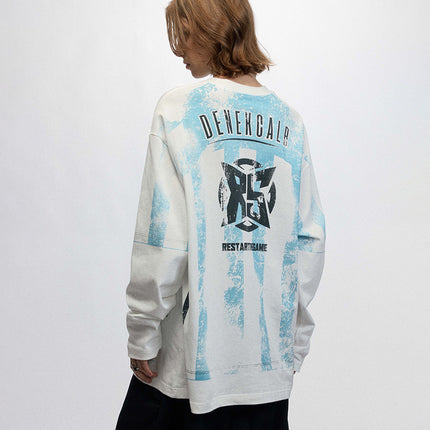 # Ovdy Autumn and Winter American Jersey Retro Print Long-Sleeve T-Shirt Hand-Brushed Silk Screen Print Trendy Brand Top