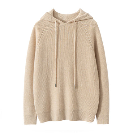 Early Autumn New Hooded Women's Simple Solid Color Yuanbao Needle Hoodie Loose Slimming 100 Pure Cashmere Knitted Sweater