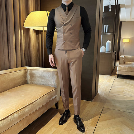 Factory Wholesale Men's Four-Season Waiter Vest Double-Breasted Green Fruit Collar Sleeveless Waistcoat Best Man Brother Outfit