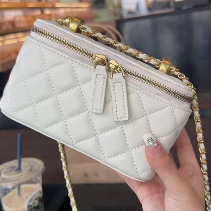 Spring and Summer Chanel Style Gold Ball Diamond Plaid Chain Bag Genuine Leather Women's Bag 2024 New Mini Lipstick Box Bag Crossbody Bag