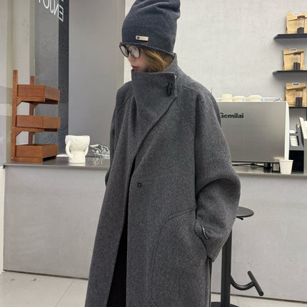 New Stand Collar Elegant Commuter Style Double-Sided Wool Coat for Women, Alpaca Wool, Extended Loose Version, Thickened Woolen Jacket