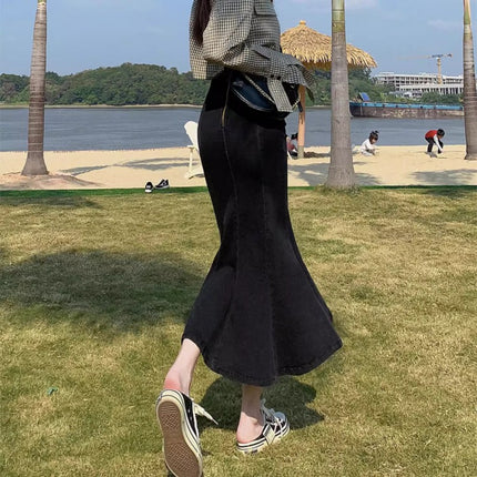 Black Grey Denim Skirt Women's Trendy All-match New Design Sense Niche Hip Fishtail Split Half Skirt