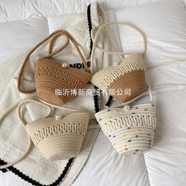 New Summer Women's Bag Bucket Beach Bag Pearl Fashion Mini Children Shoulder Crossbody Bag Travel Mori Small Bag