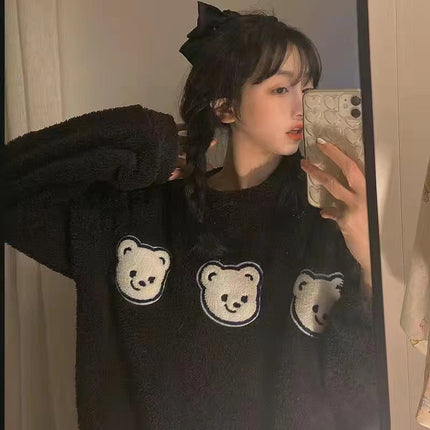 2024 New Autumn and Winter Coral Velvet Cartoon Stripesd Women's Pajamas Thickeneded and Wearable Home Wear Set