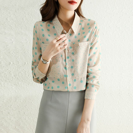 Real Shot Early Autumn New Green Dot Chiffon Shirt Women's Light Mature Design Sense Niche French Shirt Chic Top